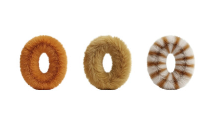 Three stylized circular shapes, each showcasing a different texture and color scheme resembling fur, against a stark black background