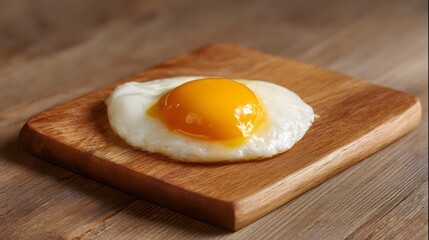 A perfectly fried egg with a glistening runny yolk rests on a rustic wooden cutting board