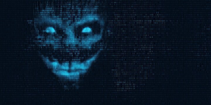 Scary face emerging from a background of binary zeros and ones, representing cybercrime, artificial intelligence, or a hacker