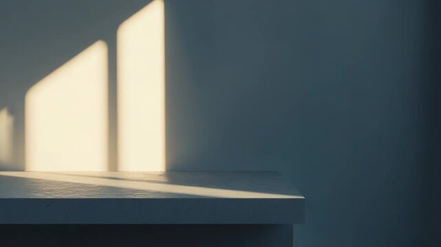 Minimalist concrete surface creating a clean presentation space, catching warm sunlight and casting soft shadows on the adjacent light colored wall, evoking calm and simplicity