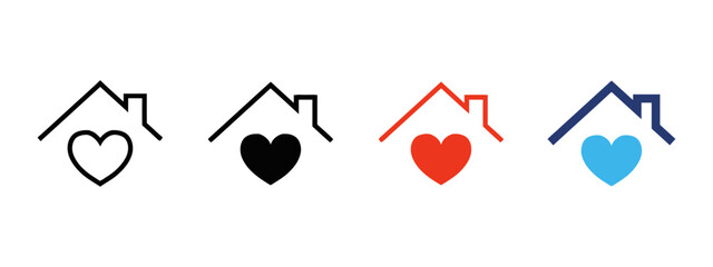 Diverse collection of house and heart icons, symbolizing love and security. Features various color schemes and outline styles for a modern, versatile representation of home and affection. © Sohel