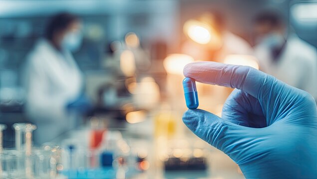Hand in glove holds blue capsule in pharmaceutical laboratory, scientists blurred behind
