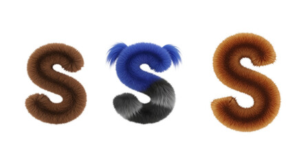 Three stylized letter "S" illustrations, featuring furry textures, with varying colors and realistic fur detail on a black backdrop