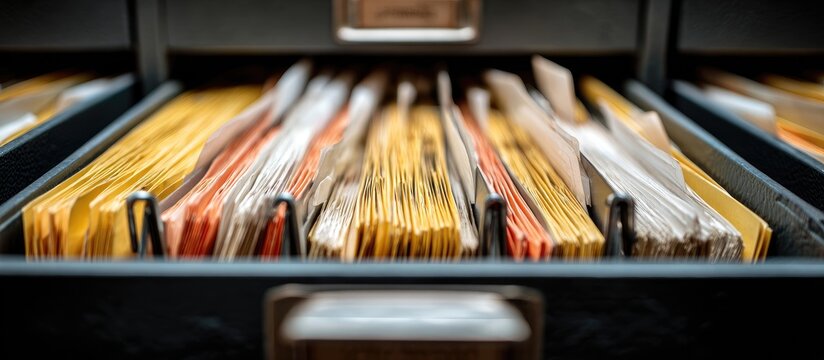 A close-up view of an open filing cabinet drawer filled with manila and colored folders