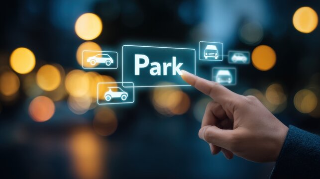 Human hand touching glowing virtual "Park" icon with car symbols on blurred urban night background, smart parking and digital mobility concept