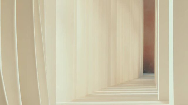 Modern abstract architecture creating a long hall or corridor with vertical elements allowing soft natural light to form parallel shadow lines on the clean, empty floor