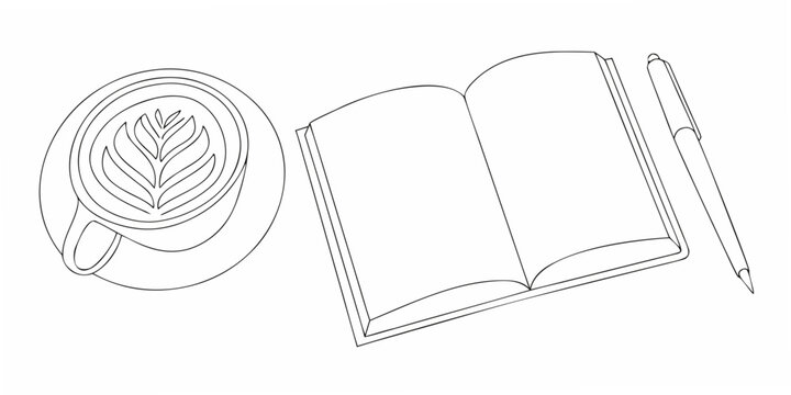 Coffee cup open notebook and pen on a white surface illustration