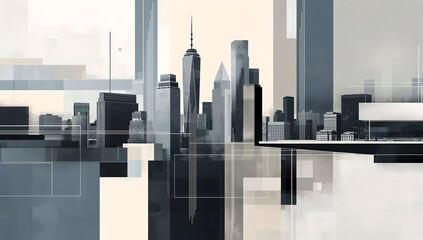 Abstract Cityscape With Geometric Shapes And Tall Buildings In Monochromatic Tones