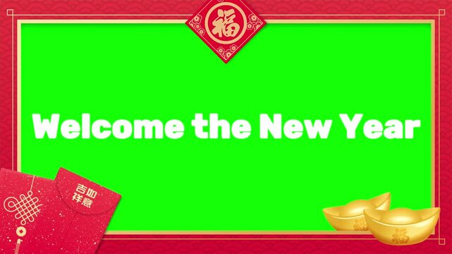 Festive green screen template designed for Chinese New Year greetings featuring traditional red envelopes and golden sycees for holiday celebration messages