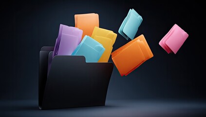 Colorful file folders spilling out of a black folder on dark background