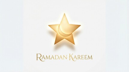 Obraz premium Single glowing star with subtle crescent detail, soft shadow, white background, refined “Ramadan Kareem” greeting, celestial Islamic symbol.
