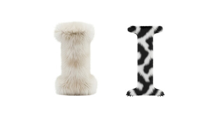 Two capital letter "I" shapes, one in white fur, the other with a black and white cow-like pattern