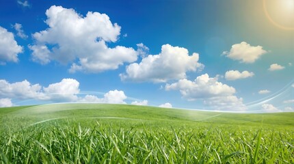 Obraz premium Lush green grass field under a bright blue sky with fluffy white clouds and sunlight illuminating the landscape, creating a serene natural environment