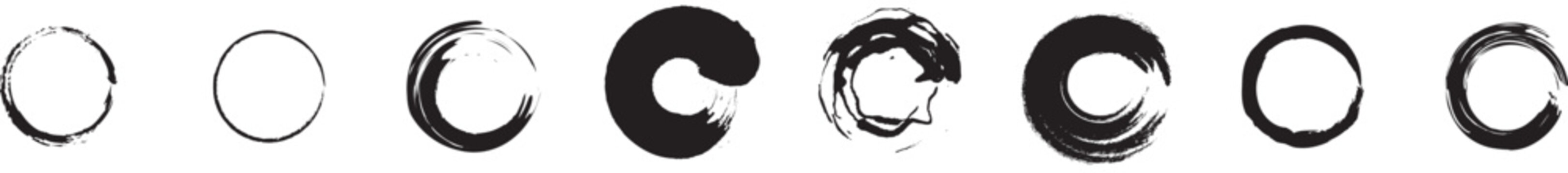 Grunge circle frames. Grunge round shapes. Grunge banner collection. Hand drawn grunge circles with rough brush texture and ink splash effect. Abstract black paint brushstroke circles pack