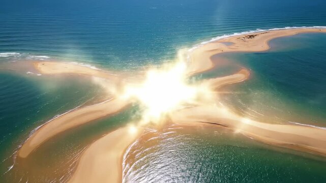 Sweeping aerial descent over the incredible geometric parting of deep sapphire ocean, highlighting the exposed wet sand path culminating in a brilliant ethereal glow intersection ocean, high, parting