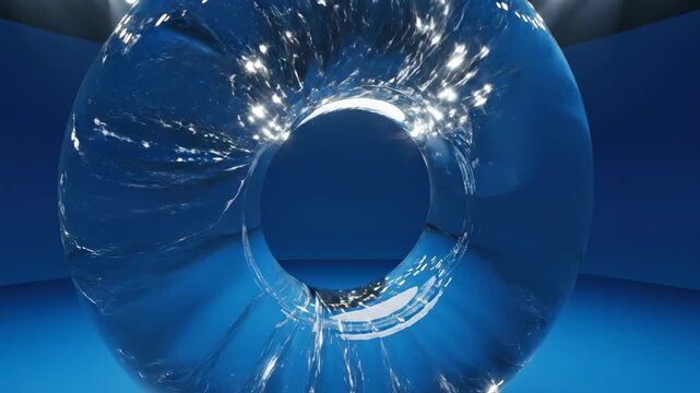 Sweeping camera movement orbiting a massive polished glass toroidal sculpture centered on a sterile ultramarine stage circular, reflective, conceptual
