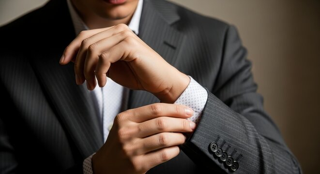 Close view of businessman adjusting cufflinks with calm professional focus
