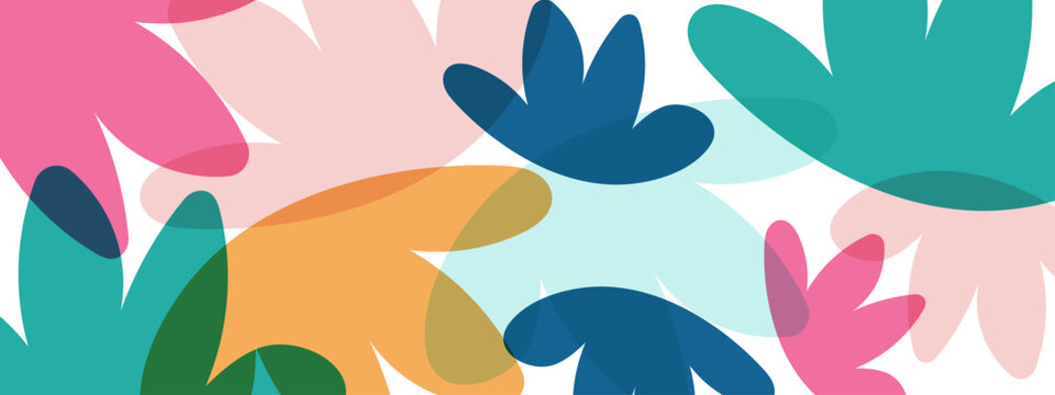 Modern abstract background featuring colorful overlapping organic floral shapes on white