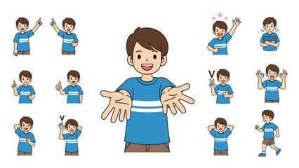 Large set of various poses and gestures of a young boy in a blue t-shirt expressing different emotions and social interactions.