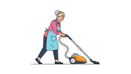 Hardworking elderly woman in an apron using a modern orange vacuum cleaner to keep the floor clean in her cozy home environment.