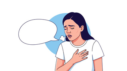 Sick young woman coughing with a distressed expression and a hand on her chest while a speech bubble shows a puff of breath.