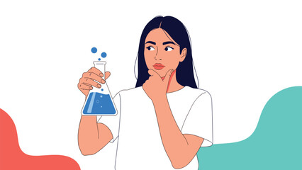 Pensive woman scientist in a white t-shirt holding a flask of blue liquid and touching her chin while contemplating a discovery.
