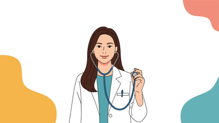 Professional female doctor in a white coat and stethoscope looking forward with a friendly and caring expression for medical checkup.