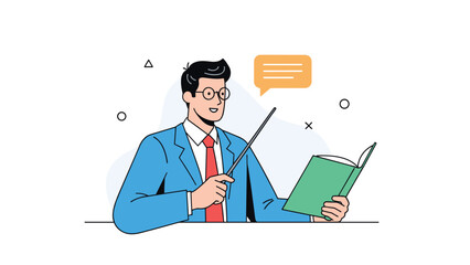 Professional male teacher wearing glasses and a blue suit holding an open book and pointing to provide a lecture or lesson.