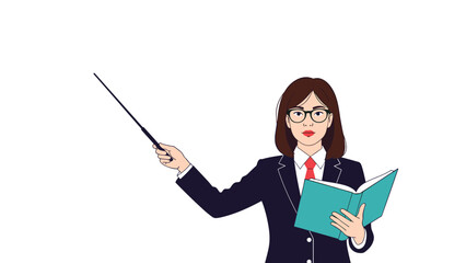 Professional female teacher wearing glasses and formal suit holds textbook while pointing with wooden stick on white background.