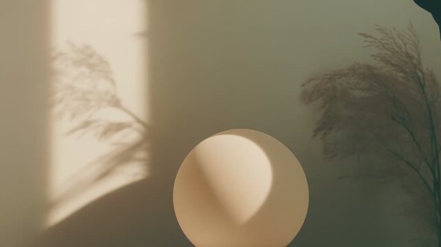 Beige sphere balancing on a cube podium, creating a minimalist aesthetic presentation bathed in warm natural light with subtle shadow play from pampas grass