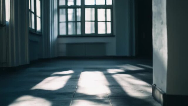 Sunlight pouring through large windows casts bold geometric light and shadow patterns across a tiled empty interior, evoking solitude, transition, and architectural character