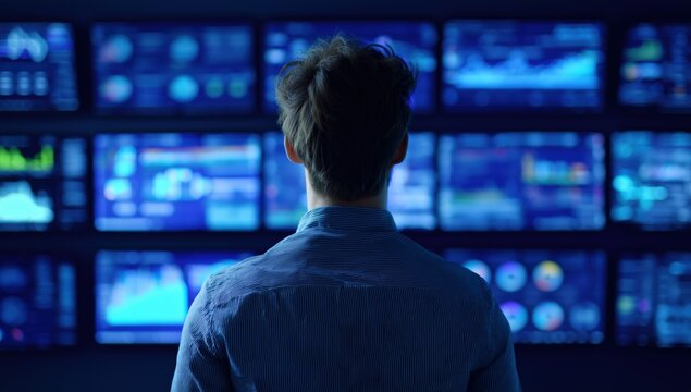 Man monitoring diverse charts and graphs on a wall of video screens, analyzing financial and business big data