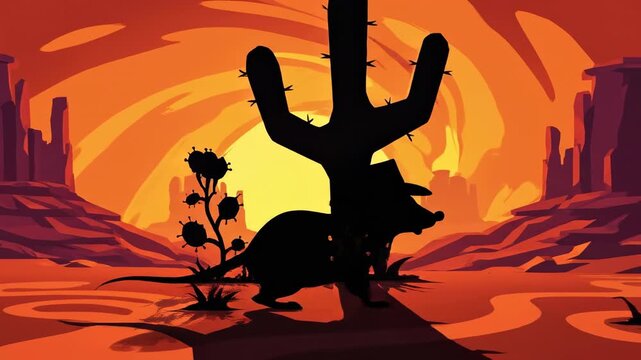 Stylized abstract animation loop featuring the silhouette of a walking mouse sheriff against a vibrant orange and yellow western sunset backdrop style, vibrant, title