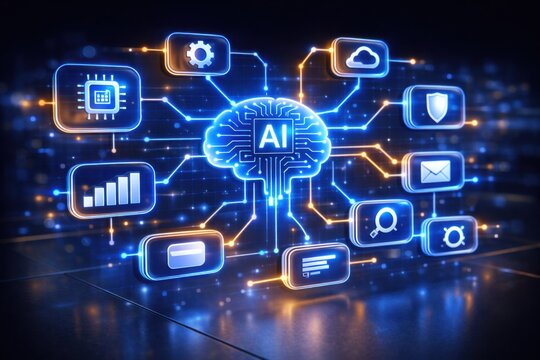 Artificial intelligence concept with glowing blue icons and brain