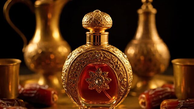 Luxurious Arabic still life with golden perfume bottle dates and traditional tableware.