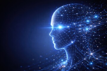 Obraz premium Digital human head with glowing network connections and data streams