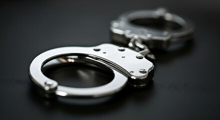 Metal handcuffs on dark surface, law enforcement equipment