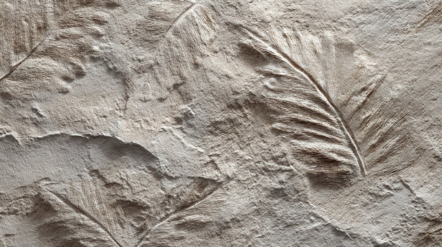 A close-up view of textured rock with imprinted botanical patterns, evoking a sense of ancient history and natural artistry.