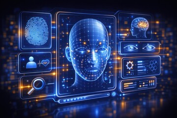 Obraz premium Futuristic human face with glowing blue circuits and data screens