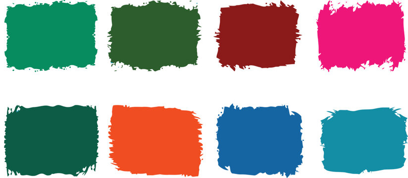 Eight colorful grunge brush stroke squares in various shades of green, red, pink, orange, blue, and teal, abstract background textures with rough edges.