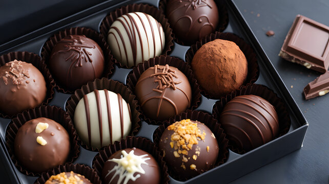 Assorted gourmet chocolates in a black box on a dark background with cocoa treats
