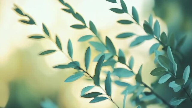 Lush green leaves on sunlit branches, soft bokeh background highlighting fresh foliage and organic growthserene, natural, eco friendly scene evoking vitality and calm