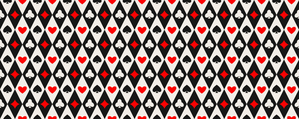 Seamless playing cards pattern. Repeated diamonds, spades, clubs, hearts symbols background. Poker or casino table theme wallpaper. Repeating lozenge gambling concept texture. Vector