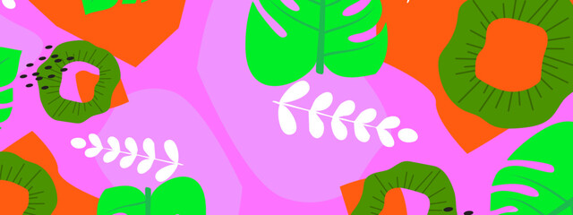 Fototapeta premium Creative abstract composition featuring neon green leaves and white ferns on a bright pink backdrop