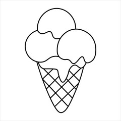 Simple black and white outline drawing of a three-scoop ice cream cone, perfect for coloring.