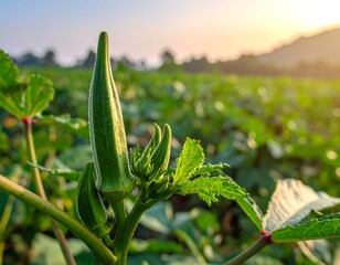 A serene okra plant in a lush green field at sunset