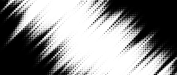 Rough dynamic halftone background. Black and white dotted diagonal pattern effect. Abstract jagged sharp stripes wallpaper. Sport banner design template. Grunge comic speed lines backdrop. Vector