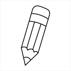 A simple black and white outline drawing of a classic wooden pencil with an eraser, ready for writing or sketching.