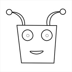 Simple black and white line art drawing of a friendly cartoon alien or robot head with antennae and a smiling face.