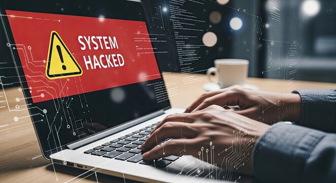 Cybersecurity Breach Alert System Hacked Warning on Laptop Screen.